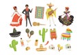 Set of cultural symbols Mexico. Sombrero, cactus, poncho, maracas, taco, pinata, guitar, skull. Hispanic man and woman