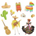 Set of cultural symbols Mexico. Sombrero, cactus, poncho, maracas, taco, pinata, guitar, skull. Hispanic man and woman