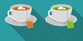 Set of a cup of black tea and a cup of green tea. Royalty Free Stock Photo