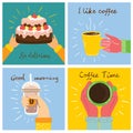 Set of Cup of coffee and the coffee cake illustrations. Vector modern cards