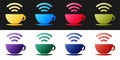 Set Cup of coffee shop with free wifi zone icon isolated on black and white background. Internet connection placard Royalty Free Stock Photo