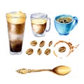 Set of cup, glass mugs, coffee stain, spoon and coffee beans in blue and gold colors