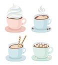 Set of a cup with saucer of hot coffee or chocolate with whipped cream, drawing of heart, wafer, small marshmallow, cookies. Steam