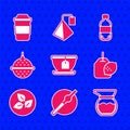 Set Cup with tea bag, Cigarette, Teapot, lemon, leaf, Ball strainer, Bottle of water and icon. Vector Royalty Free Stock Photo