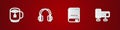 Set Cup of tea with tea bag, Headphones, Books about programming and Computer monitor screen icon. Vector Royalty Free Stock Photo