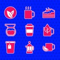 Set Cup of tea, French press, with lemon, leaf, bag, Teapot, Piece cake and icon. Vector Royalty Free Stock Photo