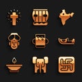 Set Cup of tea and leaf, Elephant, Hindu swastika, Indian shoes, Aroma lamp, man, map and Christian cross icon. Vector Royalty Free Stock Photo