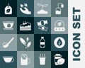 Set Cup of tea with lemon, Tea leaf, Piece cake, bag, and Candy icon. Vector