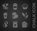 Set Cup of tea with lemon, Tea packaging, time, leaf, bag, Muffin and Candy icon. Vector