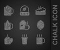 Set Cup of tea with milk, Lemon, Tea bag lemon, leaf, Piece cake and time icon. Vector