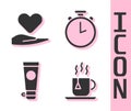 Set Cup of tea with tea bag, Heart on hand, Cream or lotion cosmetic tube and Stopwatch icon. Vector