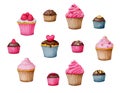 A set of cupcakes and chocolate. Collection of watercolor elements