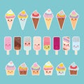 Set cupcakes with cream, ice cream in waffle cones, ice lolly Kawaii with pink cheeks Royalty Free Stock Photo