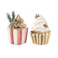 Set of 2 cupcakes with cream, pine branches and stars anise. Watercolor illustration isolated on white background