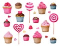 A set of cupcakes and sweets. Collection of watercolor elements