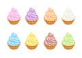 Set of cupcakes with whipped cream of different colors isolated on white background. Vector illustration of meringue tart