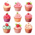 Set cupcakes on a white background. Icons. Isolated. Sweet pastries decorated with cherry, raspberries, heart, candy Royalty Free Stock Photo