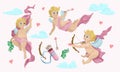 Set of Cupids. Cupid quiver and arrows against the sky. Angels flying across the sky. Print for Valentine Day