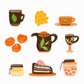 A set of cups and autumn food cakes and fruits.