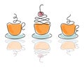 Set of cups with coffee and cocktail, line art. Black contour and colored spots with reflection. Drinks illustration Royalty Free Stock Photo