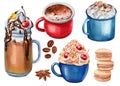 set of cups of coffee, cocoa, dessert and sweets, macaroon watercolor drawing