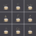 A set of cups with a coffee drink with foam and steam in the form of various silhouettes of a heart, a dancing couple