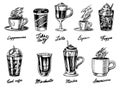 Set of cups of coffee in vintage style. Take away Cappuccino and Glace, espresso and latte, mocha and Americano, frappe Royalty Free Stock Photo