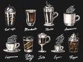 Set of cups of coffee in vintage style. Take away Cappuccino and Glace, espresso and latte, mocha and Americano, frappe Royalty Free Stock Photo