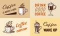 Set of cups of coffee in vintage style. Take away Cappuccino and Glace, espresso and latte, mocha and Americano, frappe Royalty Free Stock Photo