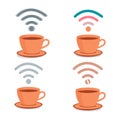 Set with cups of coffee and wifi symbol.