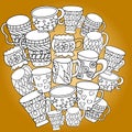 Set with cups and mugs. Hand drawn zentangle. Vector illustration eps 10 for your design. Yellow background. Royalty Free Stock Photo