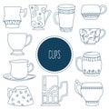 Set of cups, painted in the style of Doodle Royalty Free Stock Photo