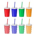 A set of cups with a straw in different colors. Soft drink cup. Plain and striped print. Royalty Free Stock Photo