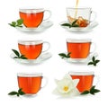 Set of Cups Tea with green leaves on white background, realistic vector illustration Royalty Free Stock Photo