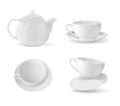 Set cups and teapot in white, different positions.