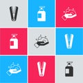 Set Curling iron for hair, Bottle of shampoo and Shaving foam hand icon. Vector