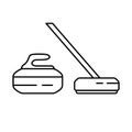 Set of curling stone and broom. Line art icon of sport equipment. Black simple illustration. Contour isolated vector on white Royalty Free Stock Photo