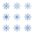 Set of curly blue snowflakes on a white background. Snowflakes for winter design.