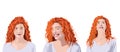 Set of curly ginger woman in white t-shirt with different facial expressions and positions