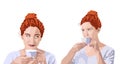 Set of curly ginger woman in white t-shirt drinking from a cup and smiling. Hair bun