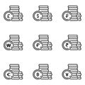 Set of currency coin stack thin icon vector