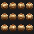 Currency coins symbols icons metallic bronze with highlights set