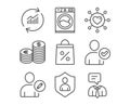 Currency, Edit user and Washing machine icons. Dating network, Security and Shopping bag signs.