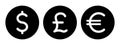 set of currency symbols british pound, euro, dollar, black filled circle icons, money icon vector vector illustration Royalty Free Stock Photo