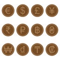 Currency symbols icons simple brown-colored wooden set