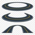 Set of curved asphalt road in perspective. Highway icons. Royalty Free Stock Photo