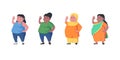 set of curvy various woman obese weight scale obesity overweight big plus size illustration character