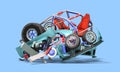 Set of custom spare parts for tuning the body and internal components 3d renyer on blue