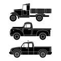 A set of custom vintage trucks. Black silhouettes side view. Vector illustration