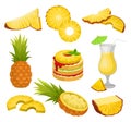 Flat vector set of cut and whole pineapples, alcohol drink and dessert. Juicy tropical fruit. Natural and healthy food